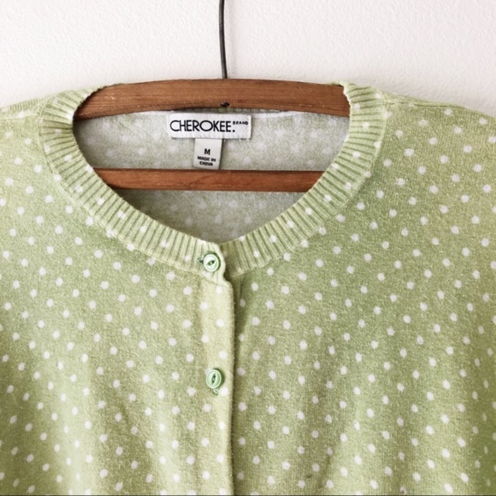 Cherokee Green polka dot print knit button cardigan sweater lightweight M - Picture 2 of 4